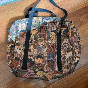 Vintage Tapestry It's A Small World People Shopper Book Tote Bag Multi Cultural